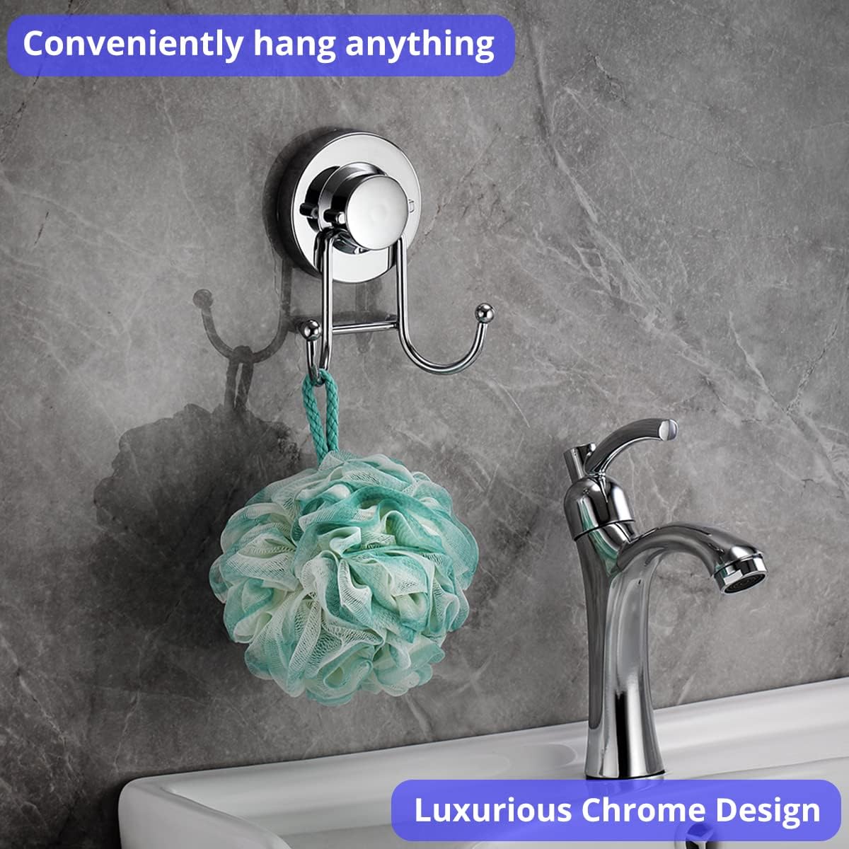HOME SO Suction Cup Hooks for Shower & Bathroom Towel Holder 2-Pack Chrome