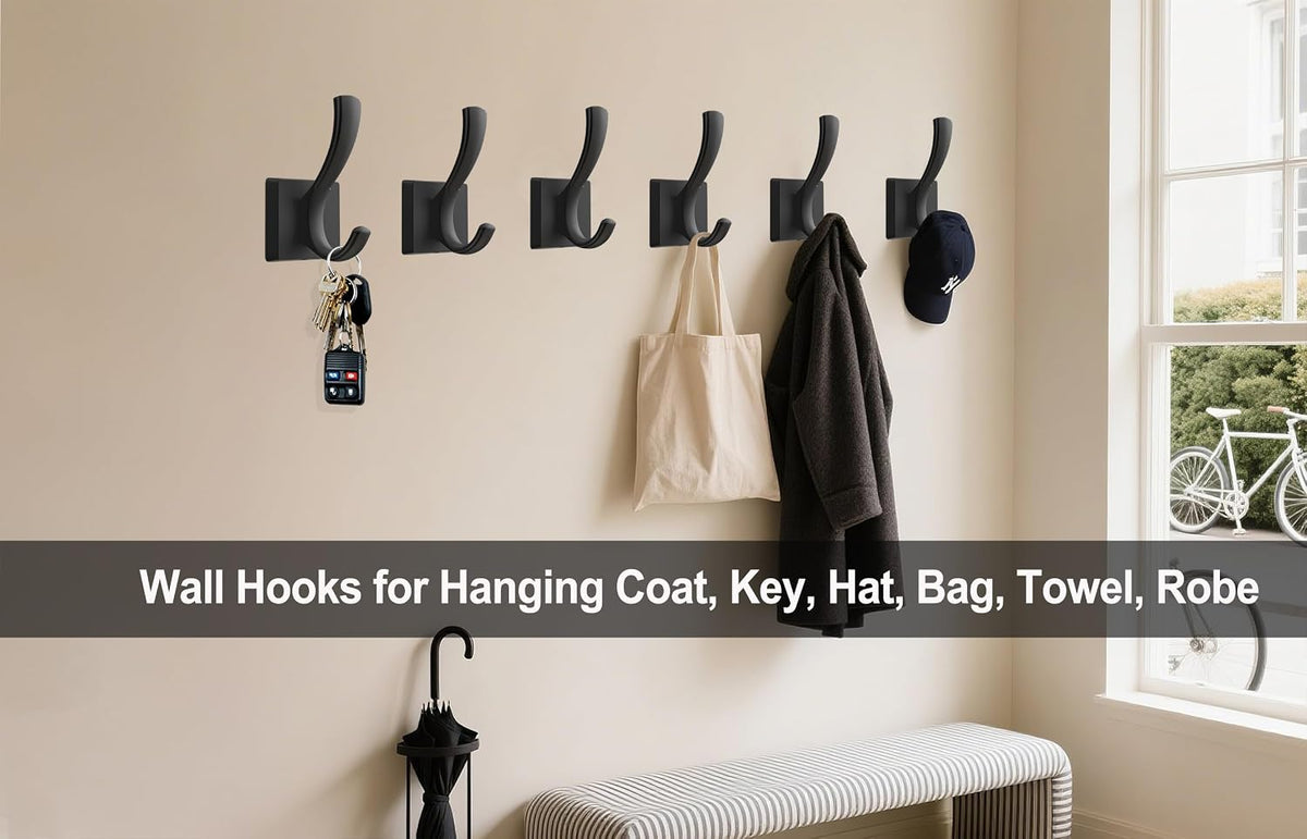 TOFIIGREM Black Towel Hooks Coat Hooks for Wall, Hand Towel Holder Robe Hook for Bathroom, Entryway Hat Hooks for Hanging Coat Towels Keys Hats (6 Pack)