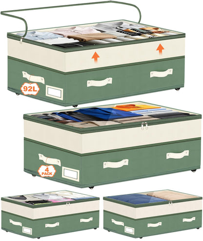 Dolicer 2 Pack Under Bed Storage with Wheels, 6in-10in Height Adjustable Underbed Storage Containers, 92L XXXL Under Bed Drawers Rolling Bin with Clear Lids for Dorm Shoes Clothes Organizers(Grey)