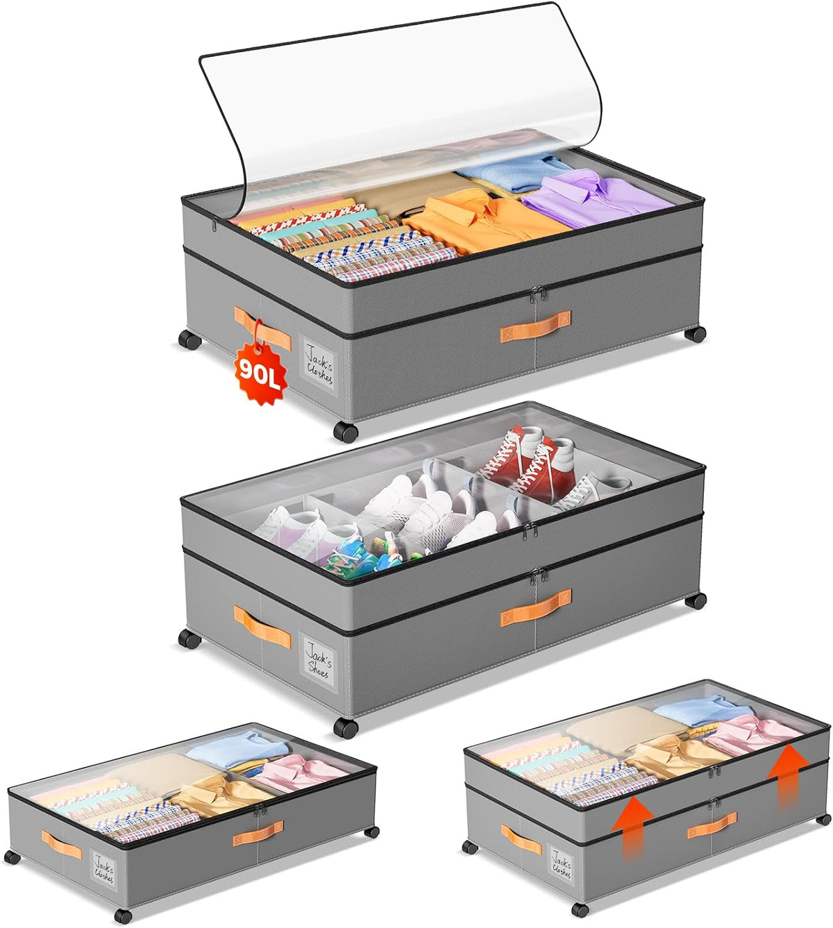 Under Bed Storage with Wheels, Large Capacity UnderBed Containers with Clear Lids, Shoe Organizer Under Bed Drawers, Rolling Under the Bed Storage for Clothes, Shoes, Blankets