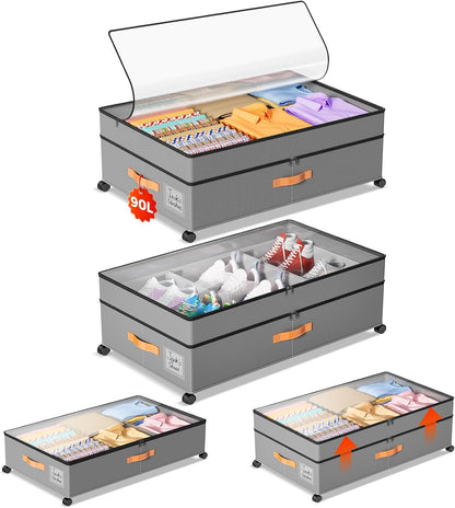 Under Bed Storage with Wheels, Large Capacity UnderBed Containers with Clear Lids, Shoe Organizer Under Bed Drawers, Rolling Under the Bed Storage for Clothes, Shoes, Blankets