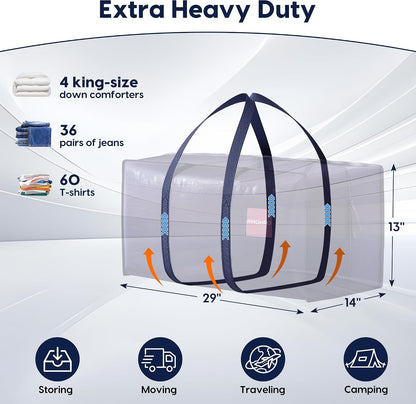 6 Pack Moving Bags Heavy Duty 210GSM with Full-Open Side Zipper, 93L 220lbs Waterproof Foldable Storage Totes for College Dorm Move-In, Moving Boxes Alternative & Home Organization, Blue