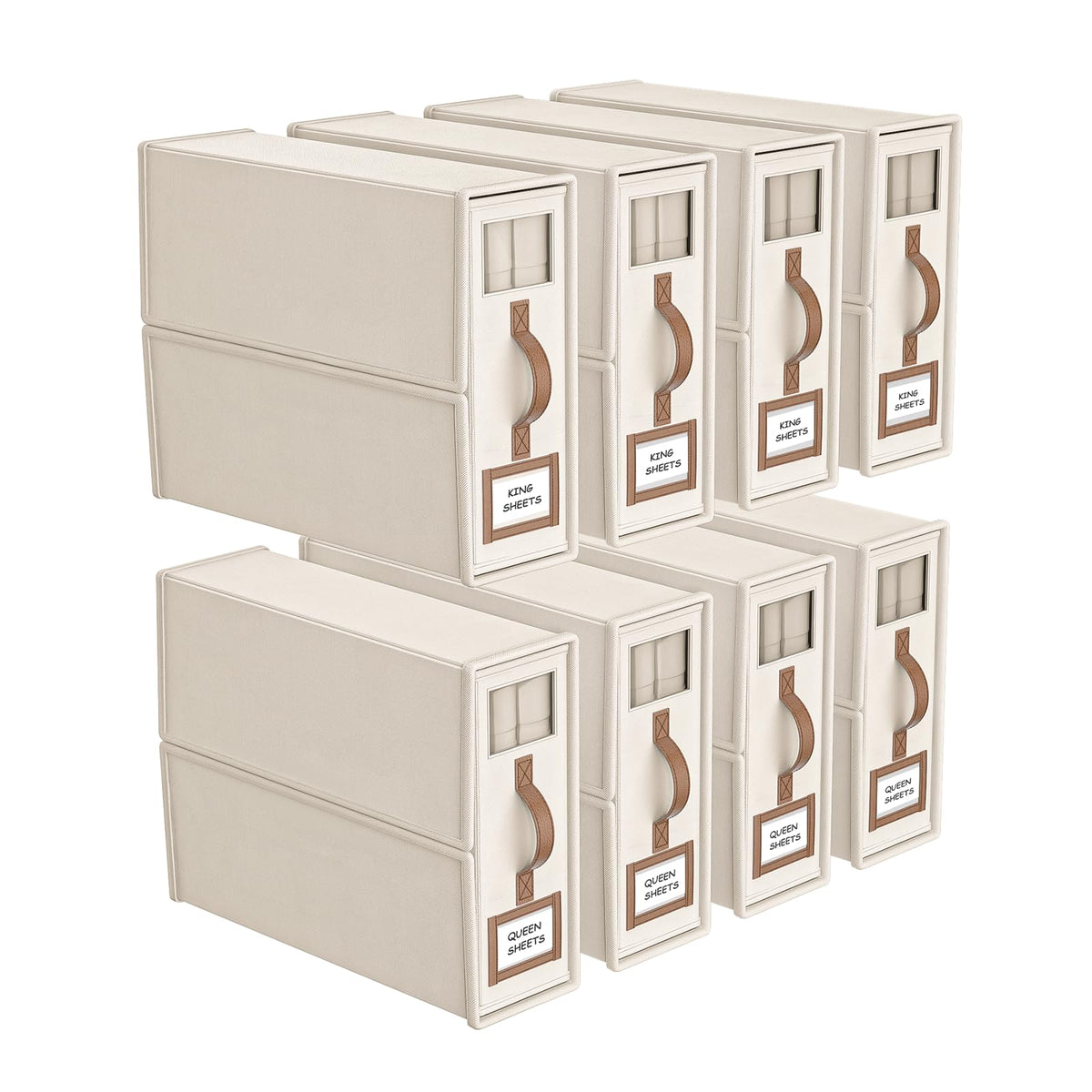 8 Pack Foldable Bed Sheets Set Organizers and Storage(King & Queen Size),Linen Fabric Closet Organizers with Window,Folding Bedding Storage Box for Bedsheets and Pillow Cube Organizer-Beige