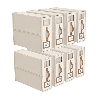 8 Pack Foldable Bed Sheets Set Organizers and Storage(King & Queen Size),Linen Fabric Closet Organizers with Window,Folding Bedding Storage Box for Bedsheets and Pillow Cube Organizer-Beige