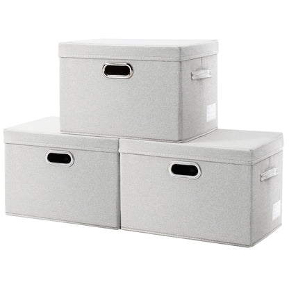 PRANDOM Large Collapsible Storage Bins with Lids [3-Pack] Linen/Cotton Blend Foldable Storage Boxes Organizer Containers Baskets Cube with Cover for Home Bedroom Closet Office Nursery(17.7x11.8x11.8)