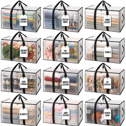 ClearSpace Heavy Duty Moving Bags - Water Resistant Storage Bags with Backpack Straps, Zippers and Handles - Large Moving Boxes for College Dorm, Travel, Closet Organization - 6 Pack, Clear