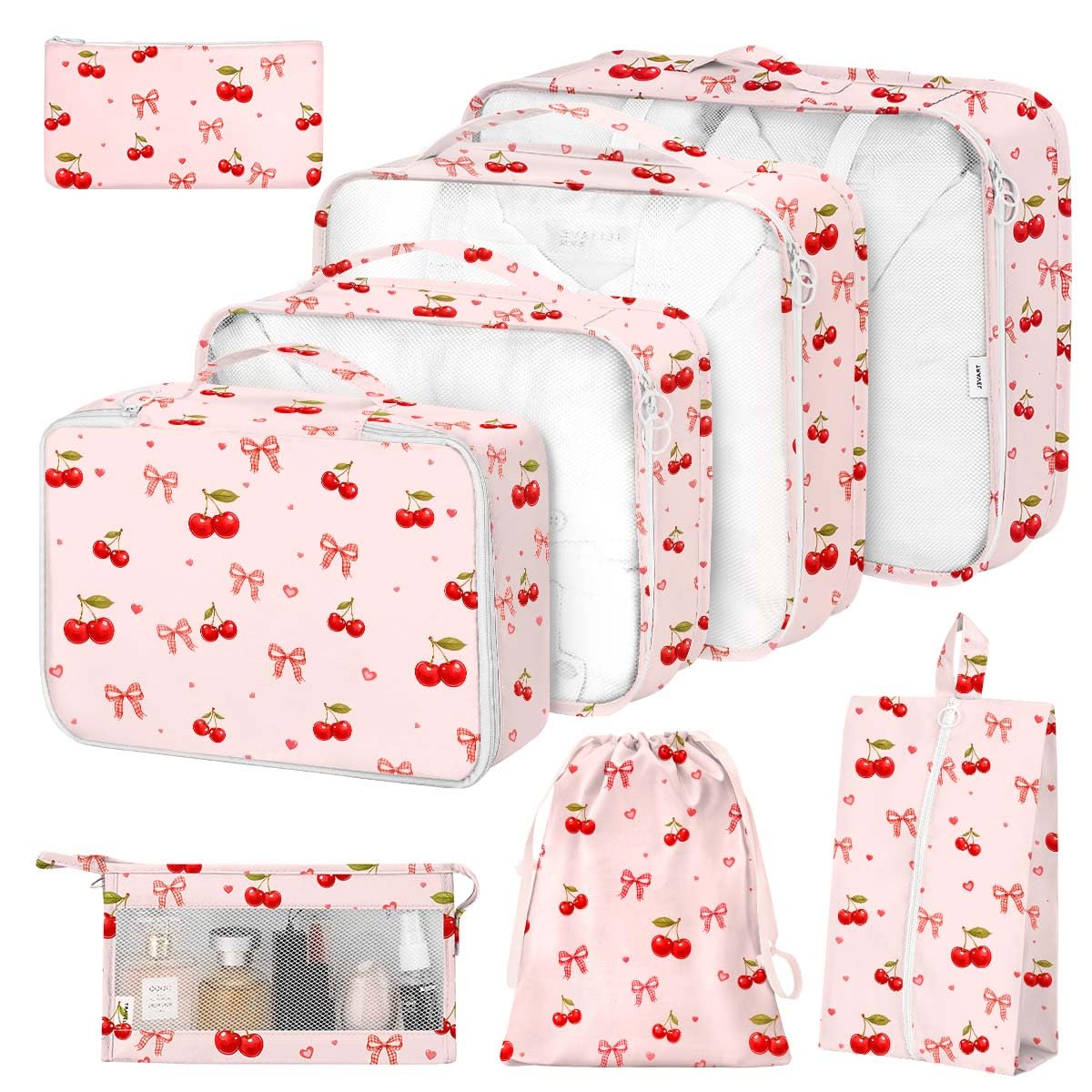 8 Set Packing Cubes for Suitcases,Suitcase Organizer with Shoe,Cosmetics,Clothing, and Accessories Bags for Travel Luggage Organizer Women Men(Pink Bows)