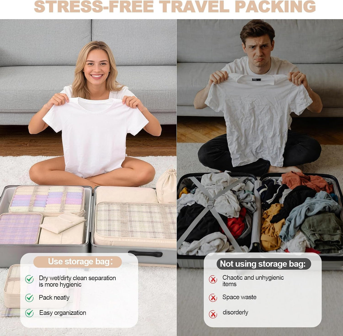 8 Set Packing Cubes for Travel, Suitcase Organizer Bags for Luggage (Cream)