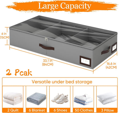 OIAHOMY 2 Pack 53L Under Bed Storage with Adjustable Dividers, 6" Low Profile Underbed Storage Bins for Comforters & Clothes, Save Closet Space with Clear View Lid & Reinforced Handles, Grey