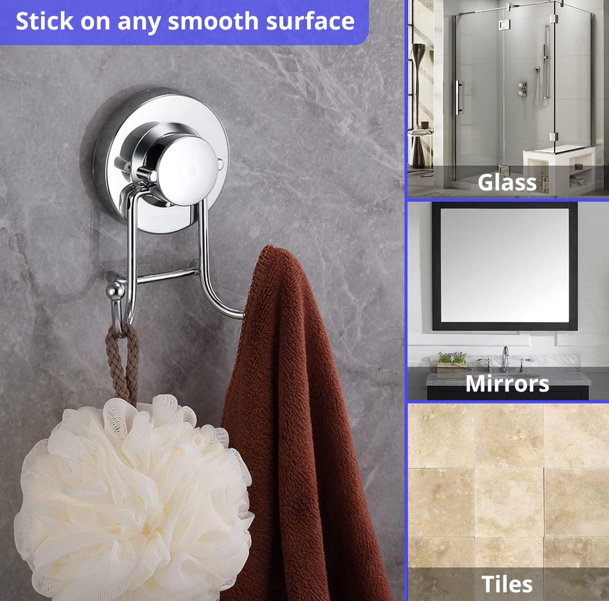 HOME SO Suction Cup Hooks for Shower & Bathroom Towel Holder 2-Pack Chrome