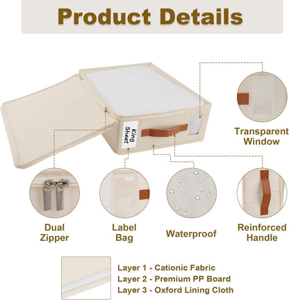 Bed Sheet Organizer 4 Pack - No Insects Entry Sheet Organizers and Storage with Zipper, Label, Handle, Window, Linen Closet Organizers and Storage for Sheet Set, Clothing, Duvet Covers, Blanket