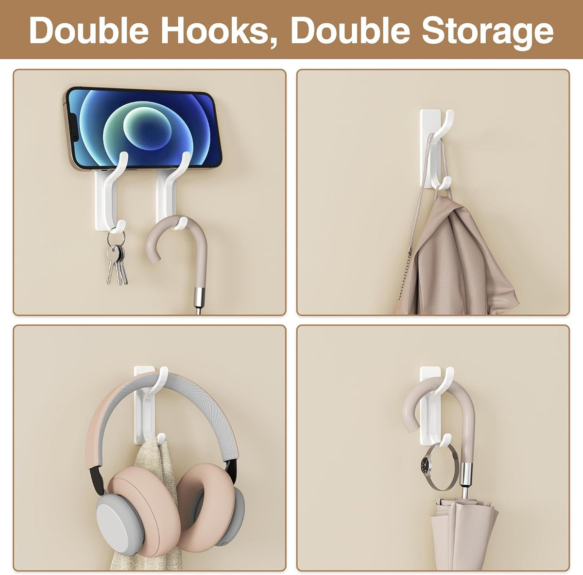 Adhesive Wall Hooks for Towel/Coat,13Lb Strong Stick-On Hooks, White 4 Pack