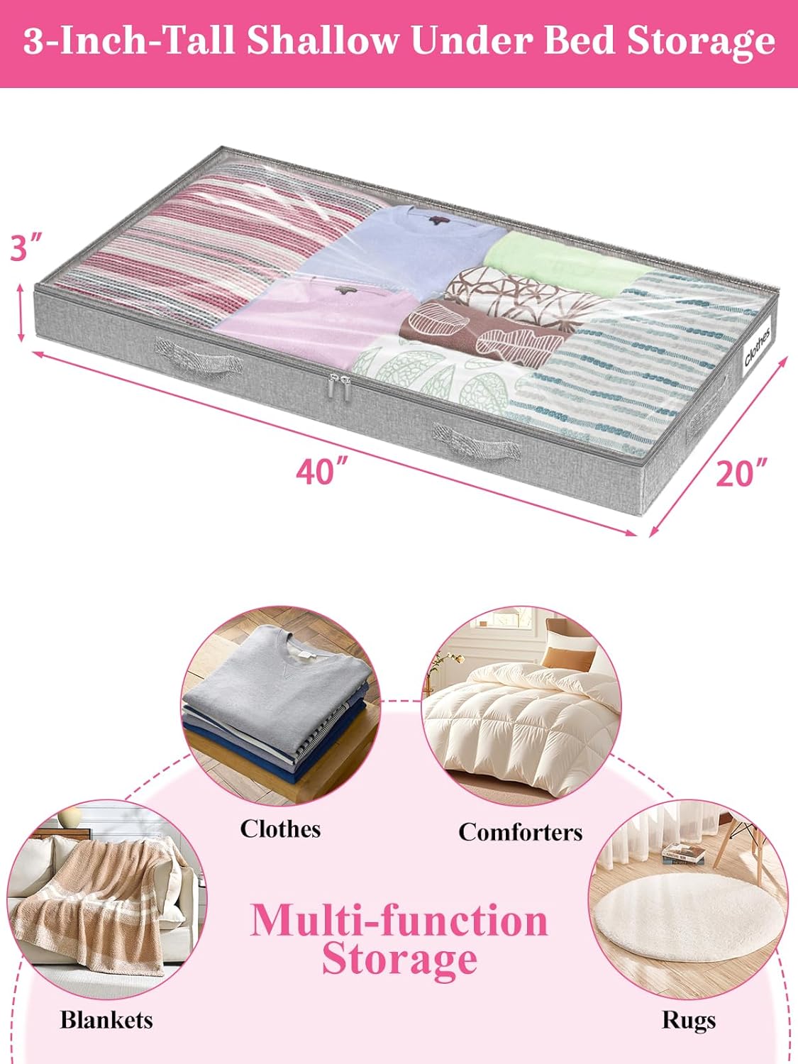 3-in Low Profile Under Bed Storage, No Structure, 2-Pack, Gray