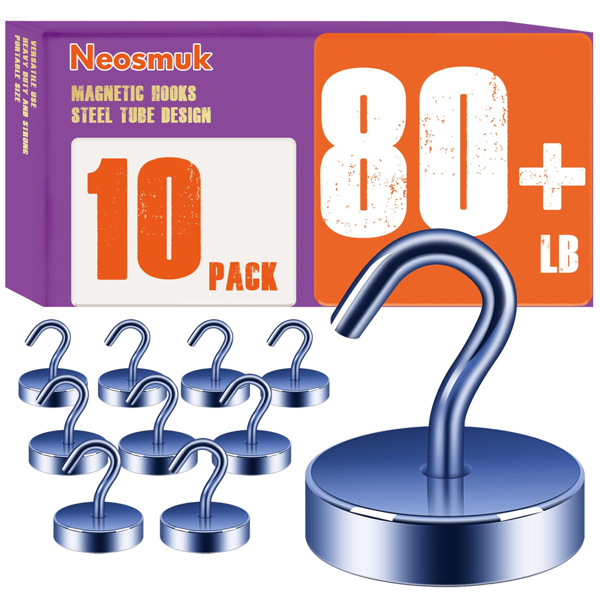 Neosmuk Magnetic Hooks Steel Tube Design for Cruise,80lb+ Black,10 Pack
