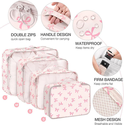 8 Set Packing Cubes for Suitcases,Suitcase Organizer with Shoe,Cosmetics,Clothing, and Accessories Bags for Travel Luggage Organizer Women Men(Pink Bows)