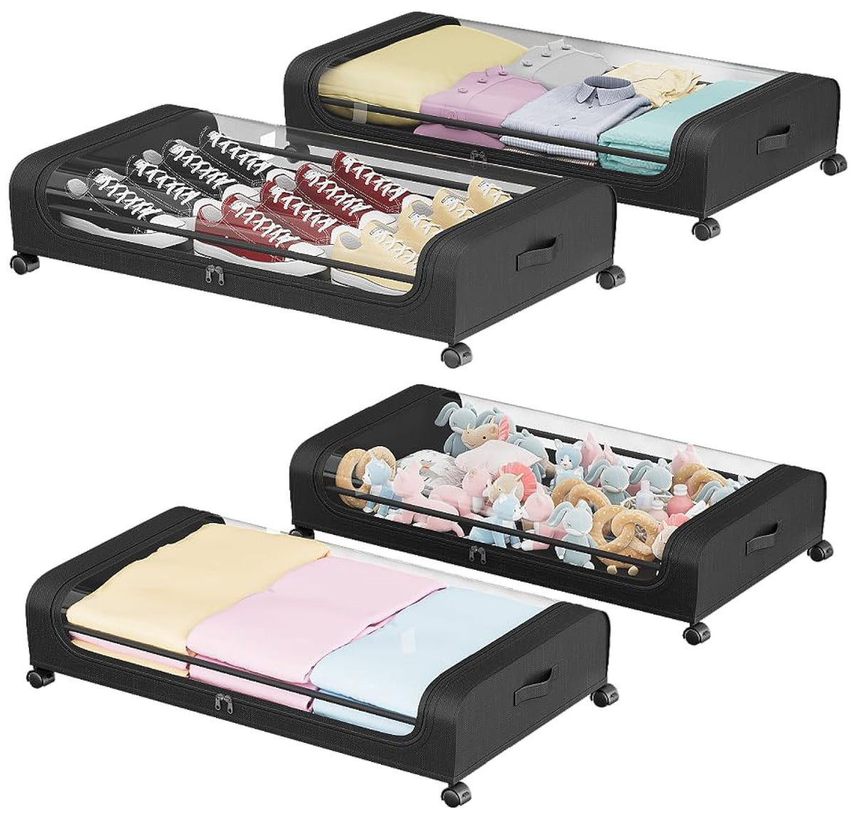 Under Bed Storage Containers, Shoe Storage With Wheels, Foldable Bedroom Storage Organization with Handles, Under Bed Storage Bins Drawer For Clothes, Blankets And Shoes, Bedding (2 Pack, Black)