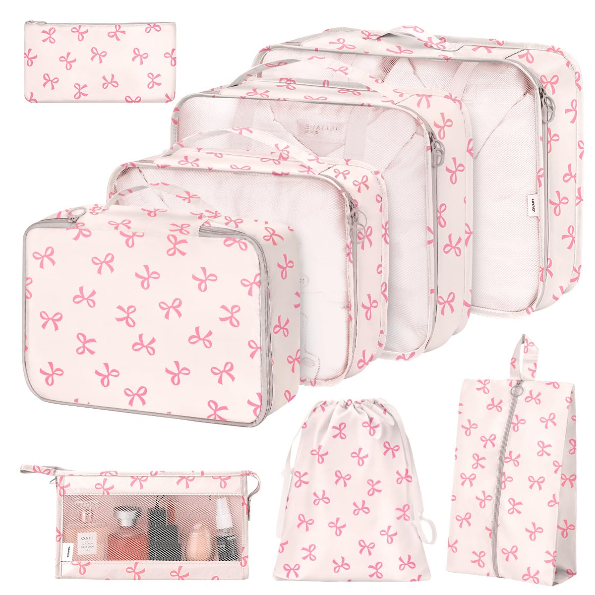 8 Set Packing Cubes for Suitcases,Suitcase Organizer with Shoe,Cosmetics,Clothing, and Accessories Bags for Travel Luggage Organizer Women Men(Pink Bows)