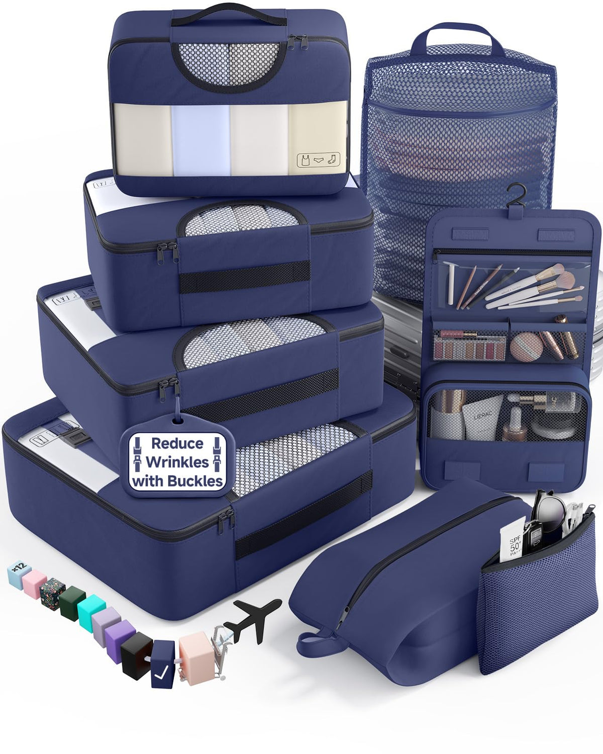 Veken 10 Set/8 Set Packing Cubes for Travel Essentials,Anti-Wrinkle Buckled Suitcase Organizer for Shoe & Toiletry Bag,Carry On Luggage Bag for Airplane & College Dorm Room Accessories,Women Men Gifts