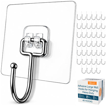 Adhesive Large Wall Hooks for Hanging Heavy Duty No Drill, 22 lbs, 12 pcs