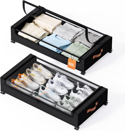 Yecaye 60 L Under Bed Storage with Wheels, 2 Pack Under Bed Storage Containers with Clear Window & Label, Rolling Under bed Shoe Storage organizer for Clothes, Shoes, Black
