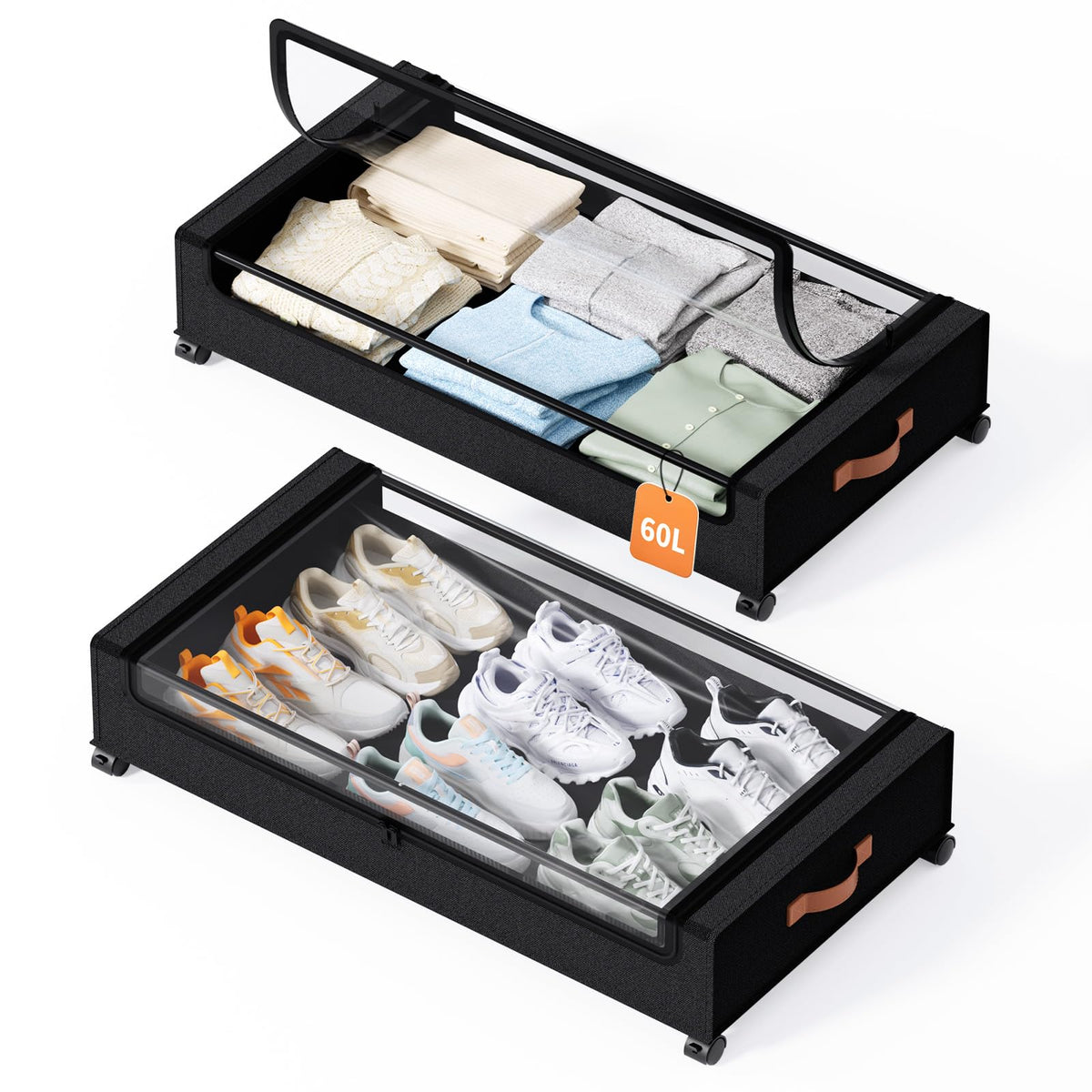 Yecaye 60 L Under Bed Storage with Wheels, 2 Pack Under Bed Storage Containers with Clear Window & Label, Rolling Under bed Shoe Storage organizer for Clothes, Shoes, Black