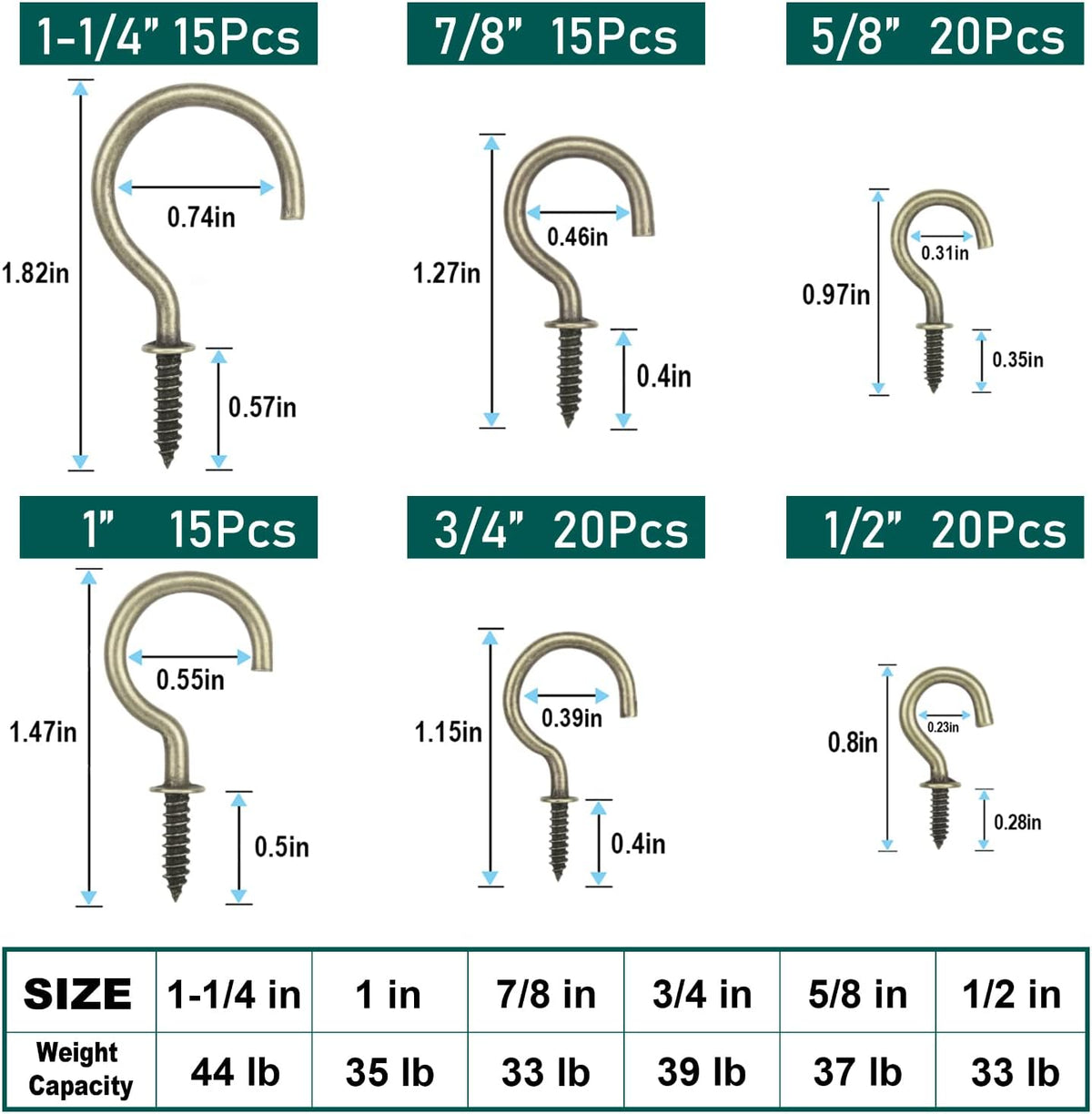 EIENHOSHI 105 Pcs Screw Hooks, 6 Sizes Bronze Cup Hooks, Screw Hooks for Hanging, Metal Cup Hooks Screw in (1/2", 5/8", 3/4", 7/8", 1'', 1-1/4")