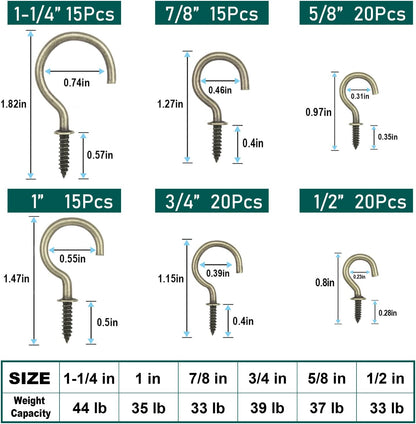 EIENHOSHI 105 Pcs Screw Hooks, 6 Sizes Bronze Cup Hooks, Screw Hooks for Hanging, Metal Cup Hooks Screw in (1/2", 5/8", 3/4", 7/8", 1'', 1-1/4")