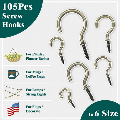 EIENHOSHI 105 Pcs Screw Hooks, 6 Sizes Bronze Cup Hooks, Screw Hooks for Hanging, Metal Cup Hooks Screw in (1/2", 5/8", 3/4", 7/8", 1'', 1-1/4")