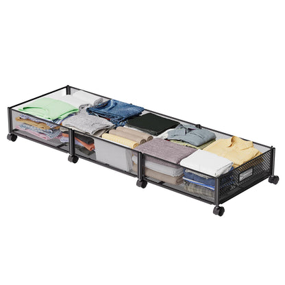 Under Bed Storage with Wheels 47.2"(L)/57.6L Large Rolling Under Bed Storage, Metal Underbed Containers on Wheels, Tool-Free Assembly Foldable Metal Underbed Drawers for Shoes Clothes Toys