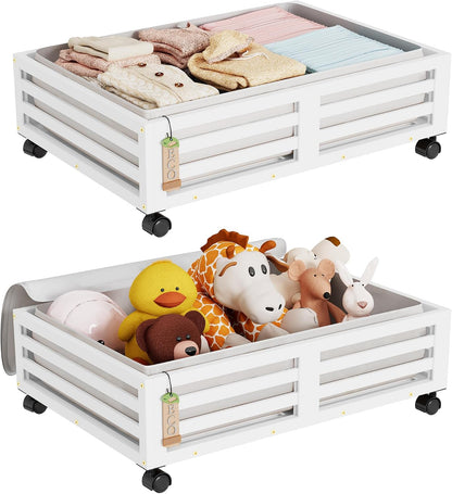 Wisuce 2 Packs Bamboo Under Bed Storage Organizer with Wheels White Small