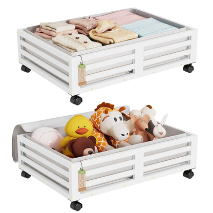 Wisuce 2 Packs Bamboo Under Bed Storage Organizer with Wheels White Small