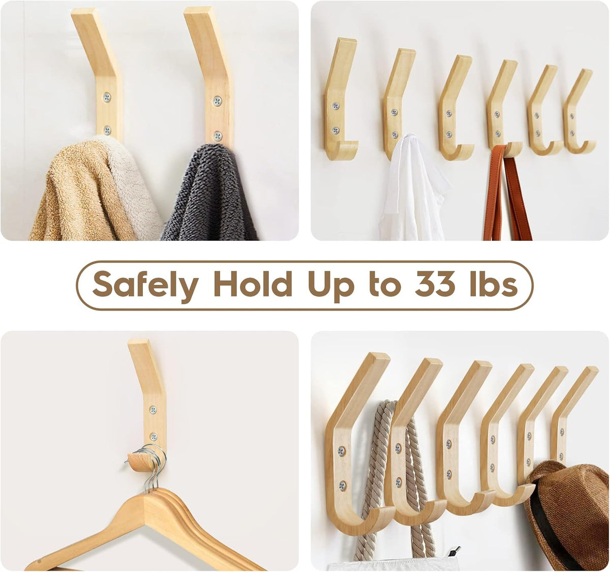 Wooden Wall Hooks Organizer Heavy Duty 6 Pack Coat Hooks for Hanging Coats