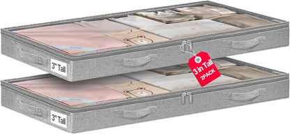 punemi 3 inch High Soft Low Profile Under Bed Storage Bins, 2 Pack, Grey