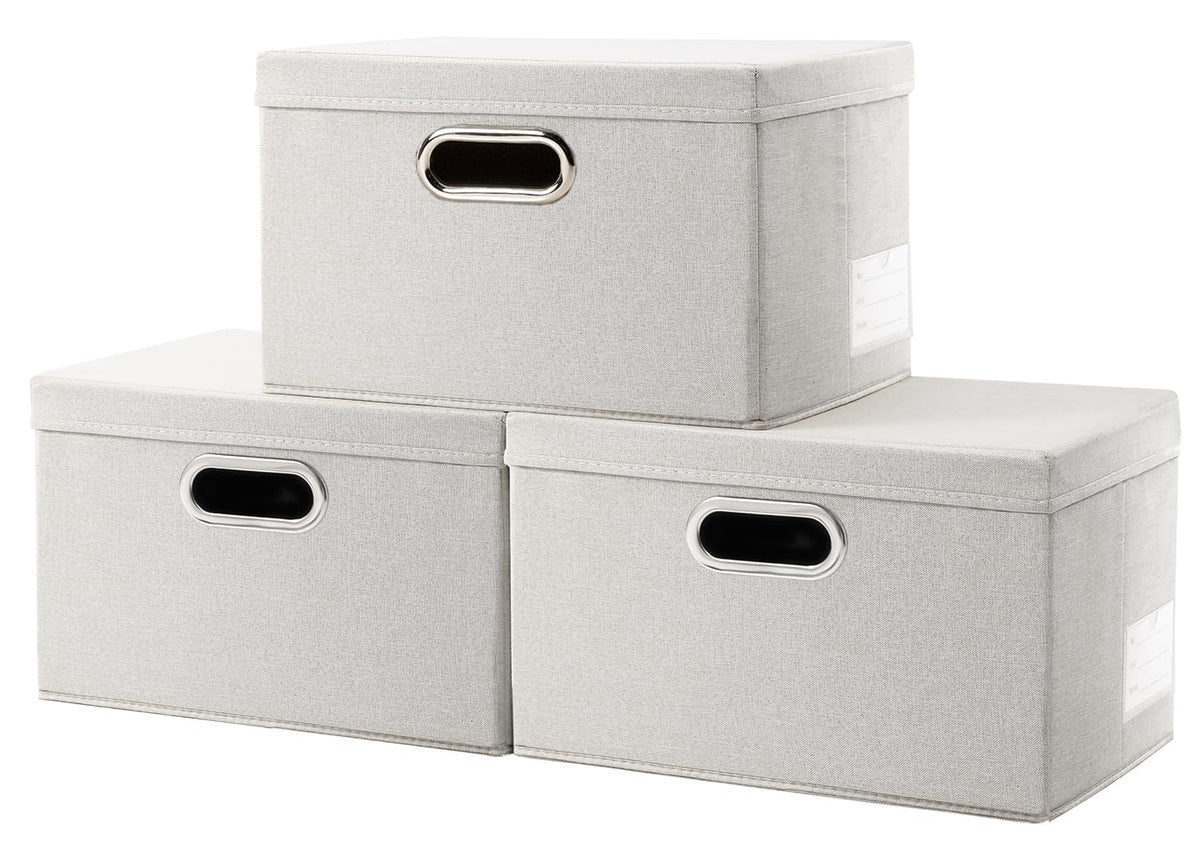 PRANDOM Large Collapsible Storage Bins with Lids [3-Pack] Linen/Cotton Blend Foldable Storage Boxes Organizer Containers Baskets Cube with Cover for Home Bedroom Closet Office Nursery(17.7x11.8x11.8)