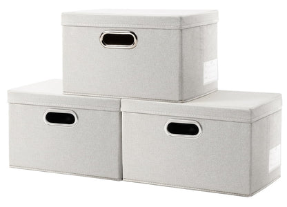 PRANDOM Large Collapsible Storage Bins with Lids [3-Pack] Linen/Cotton Blend Foldable Storage Boxes Organizer Containers Baskets Cube with Cover for Home Bedroom Closet Office Nursery(17.7x11.8x11.8)