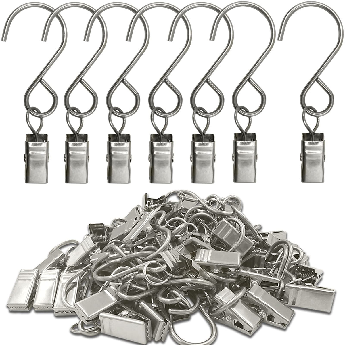 Stainless Steel S Hooks Curtain Clips, 50 Pack Hanging Party Lights Clips Hangers Gutter Photo, Art Craft Display, 2.4 Inch Long, Black