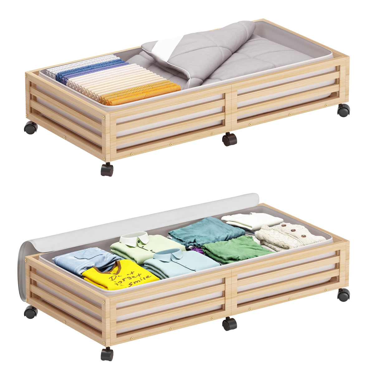 Wisuce 2 Packs Bamboo Under Bed Storage Organizer with Wheels White Small