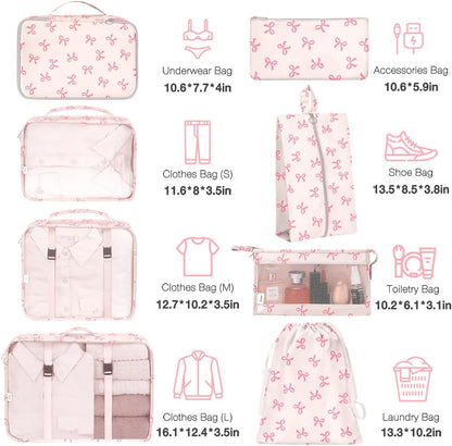 8 Set Packing Cubes for Suitcases,Suitcase Organizer with Shoe,Cosmetics,Clothing, and Accessories Bags for Travel Luggage Organizer Women Men(Pink Bows)