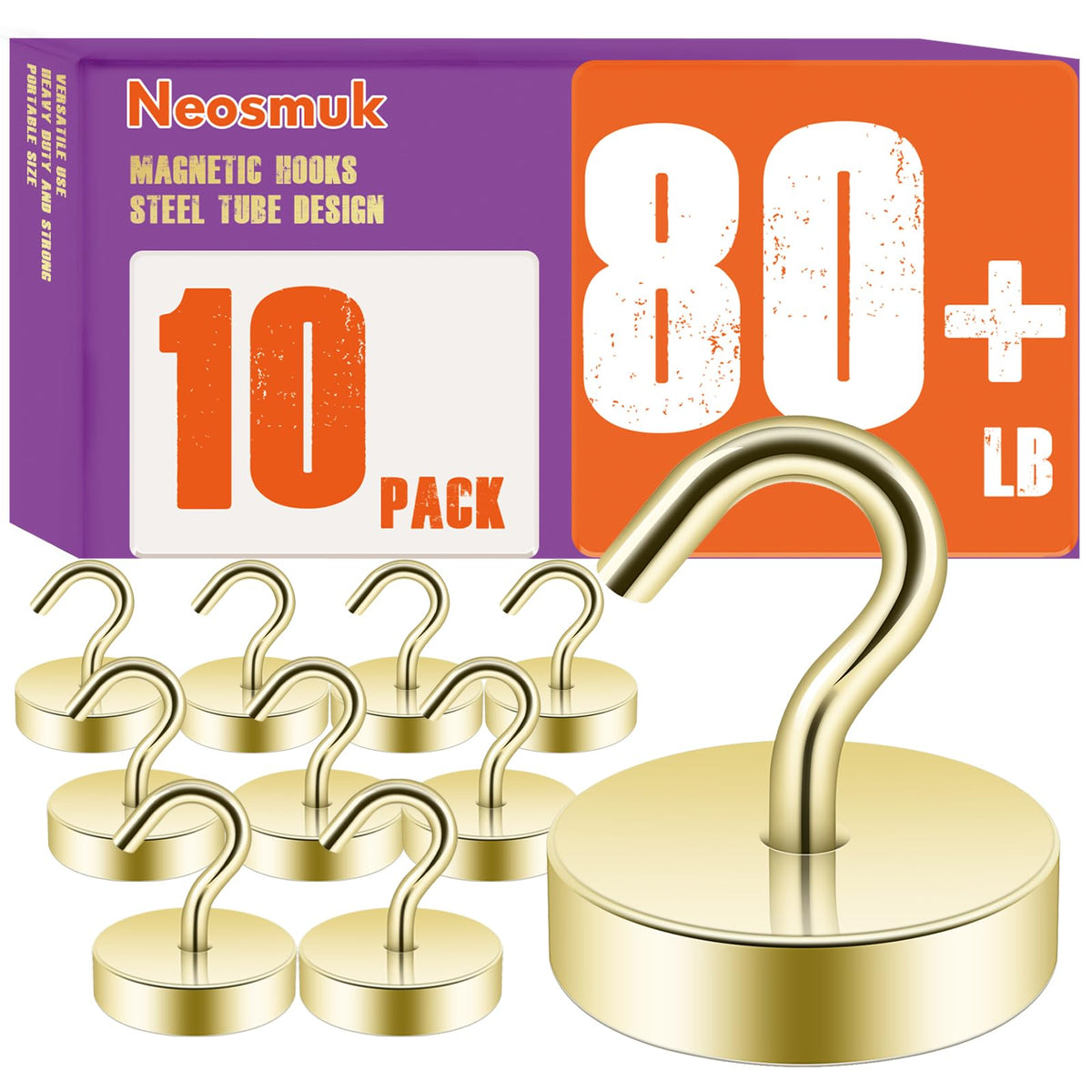 Neosmuk Magnetic Hooks Steel Tube Design for Cruise,80lb+ Black,10 Pack