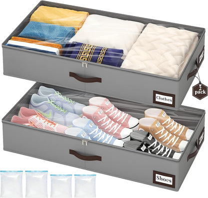 OIAHOMY 2 Pack Under Bed Storage with Handles, Underbed Container for Bedroom & Closet, Fits Beds Higher than 6", Under the Bed Storage for Seasonal Clothes, Blankets & Shoes - Grey