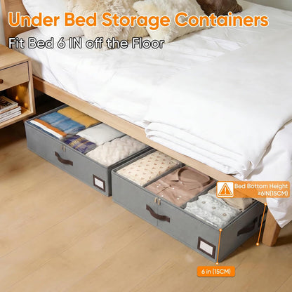OIAHOMY 2 Pack 53L Under Bed Storage with Adjustable Dividers, 6" Low Profile Underbed Storage Bins for Comforters & Clothes, Save Closet Space with Clear View Lid & Reinforced Handles, Grey