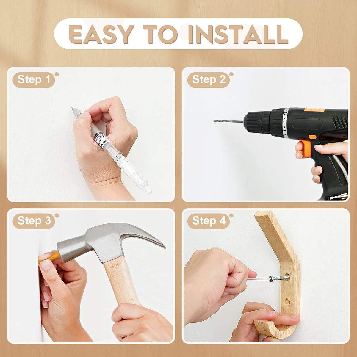 Wooden Wall Hooks Organizer Heavy Duty 6 Pack Coat Hooks for Hanging Coats