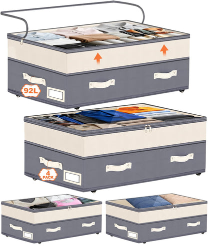 Dolicer 2 Pack Under Bed Storage with Wheels, 6in-10in Height Adjustable Underbed Storage Containers, 92L XXXL Under Bed Drawers Rolling Bin with Clear Lids for Dorm Shoes Clothes Organizers(Grey)