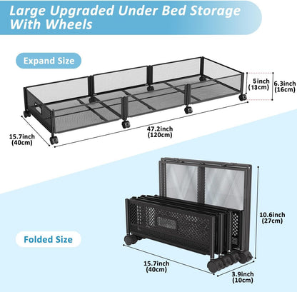 Under Bed Storage with Wheels 47.2"(L)/57.6L Large Rolling Under Bed Storage, Metal Underbed Containers on Wheels, Tool-Free Assembly Foldable Metal Underbed Drawers for Shoes Clothes Toys