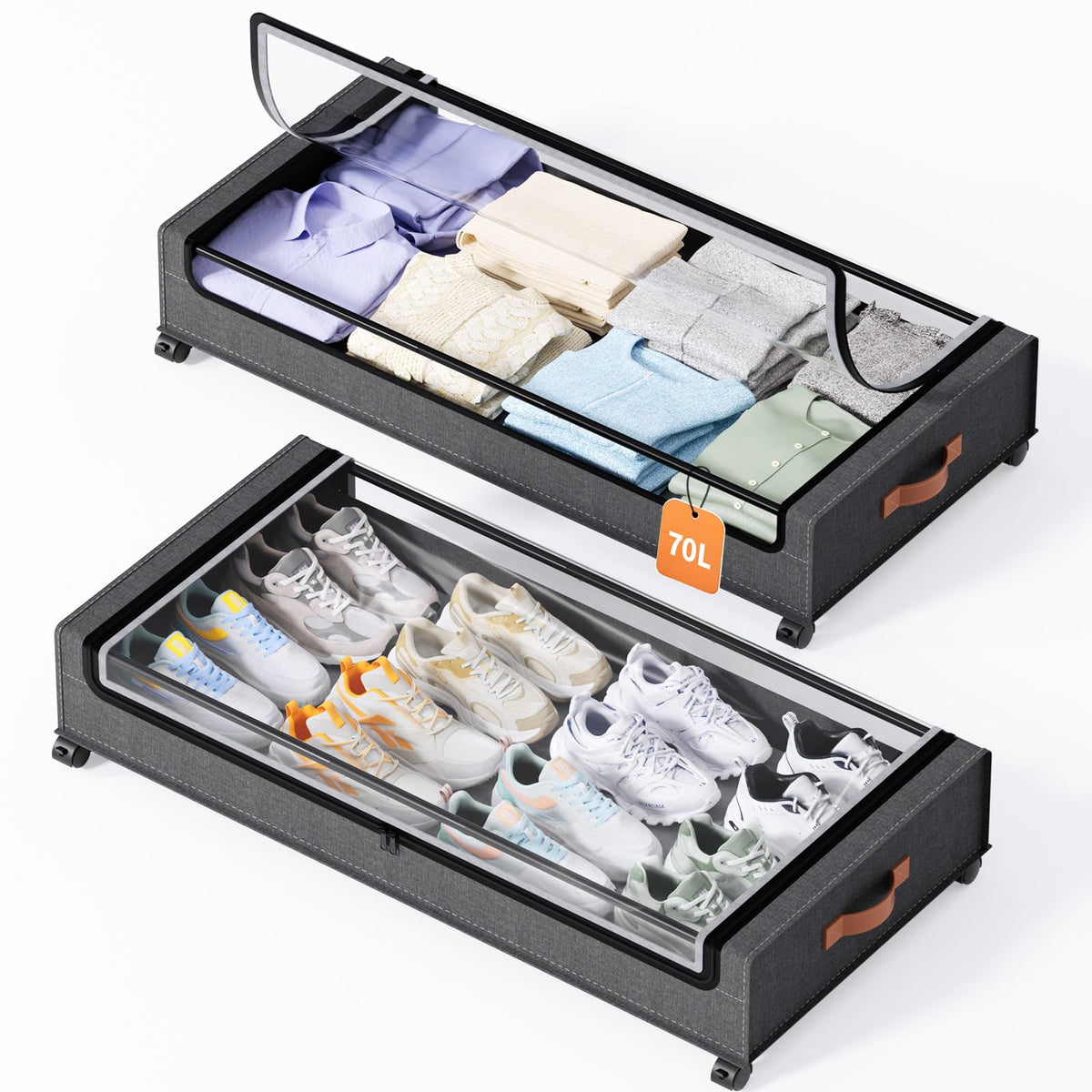 Yecaye 60 L Under Bed Storage with Wheels, 2 Pack Under Bed Storage Containers with Clear Window & Label, Rolling Under bed Shoe Storage organizer for Clothes, Shoes, Black