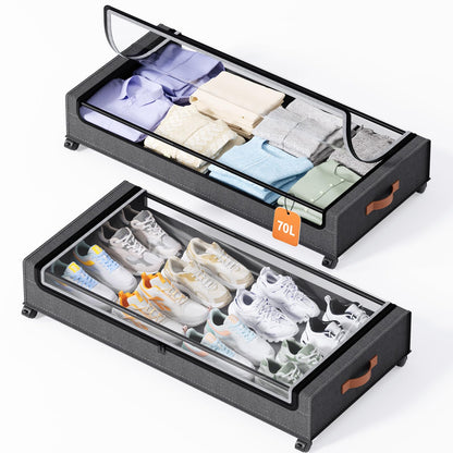 Yecaye 60 L Under Bed Storage with Wheels, 2 Pack Under Bed Storage Containers with Clear Window & Label, Rolling Under bed Shoe Storage organizer for Clothes, Shoes, Black