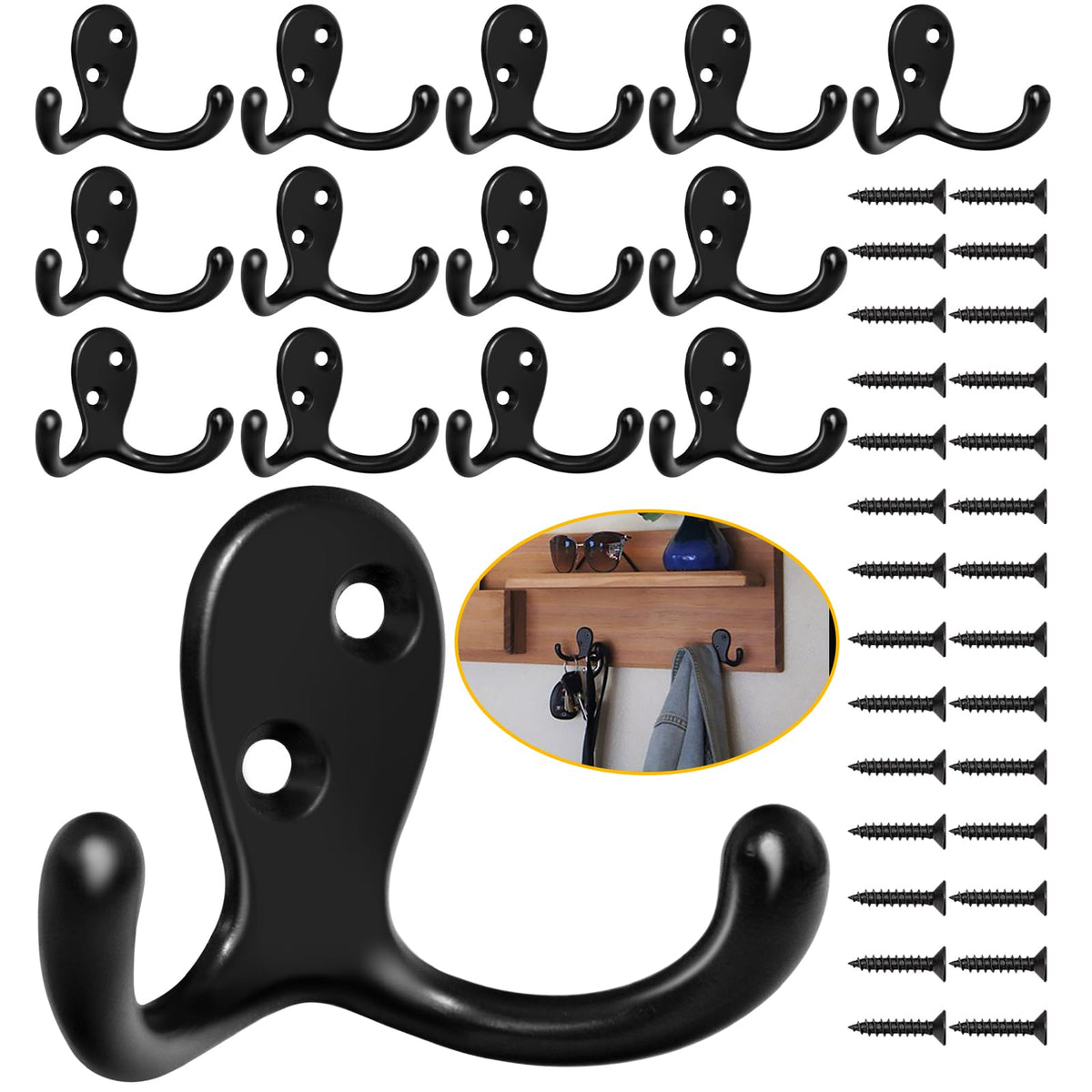 Homanu 14 Pack Black Coat Hooks Wall Mounted Double Prong with 28 Screws