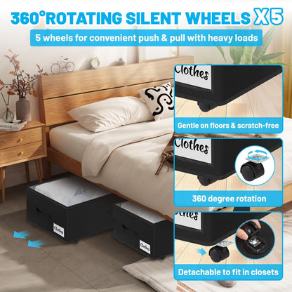 Under Bed Storage with Wheels, 2-Pack 10" Height XXL 75L Rolling Storage Bins, Quick Assembly Underbed Shoe Storage Containers with Clear Lid & Label, Dorm Under Bed Drawers for Clothes, Shoes, Black