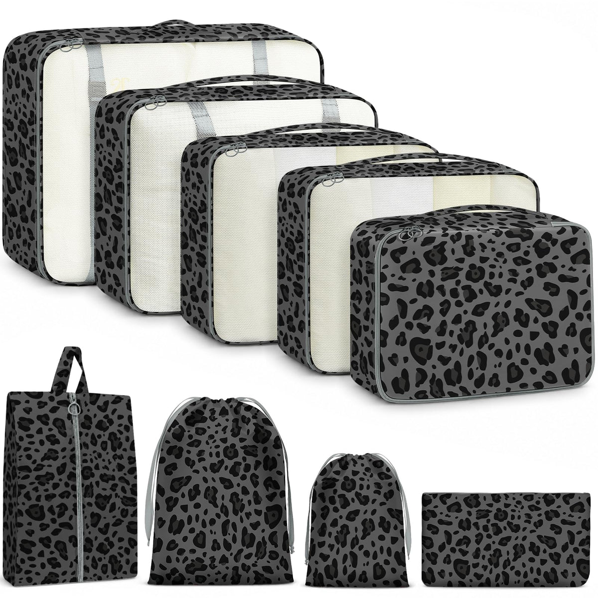 9 Set Packing Cubes for Travel Essentials - Lightweight Carry-On Luggage Organizer Bags with Shoe, Clothes & Laundry Bags for Airplane, Family & Business Travel, Leopard print