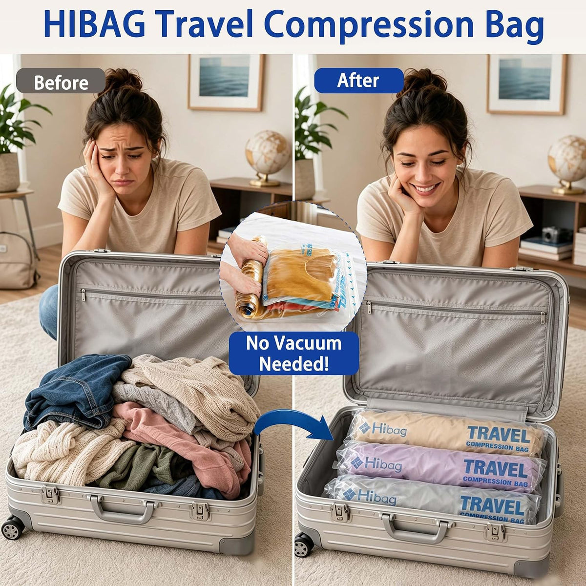 Compression Bags for Travel Essentials, Roll Up Bags No Vacuum Needed